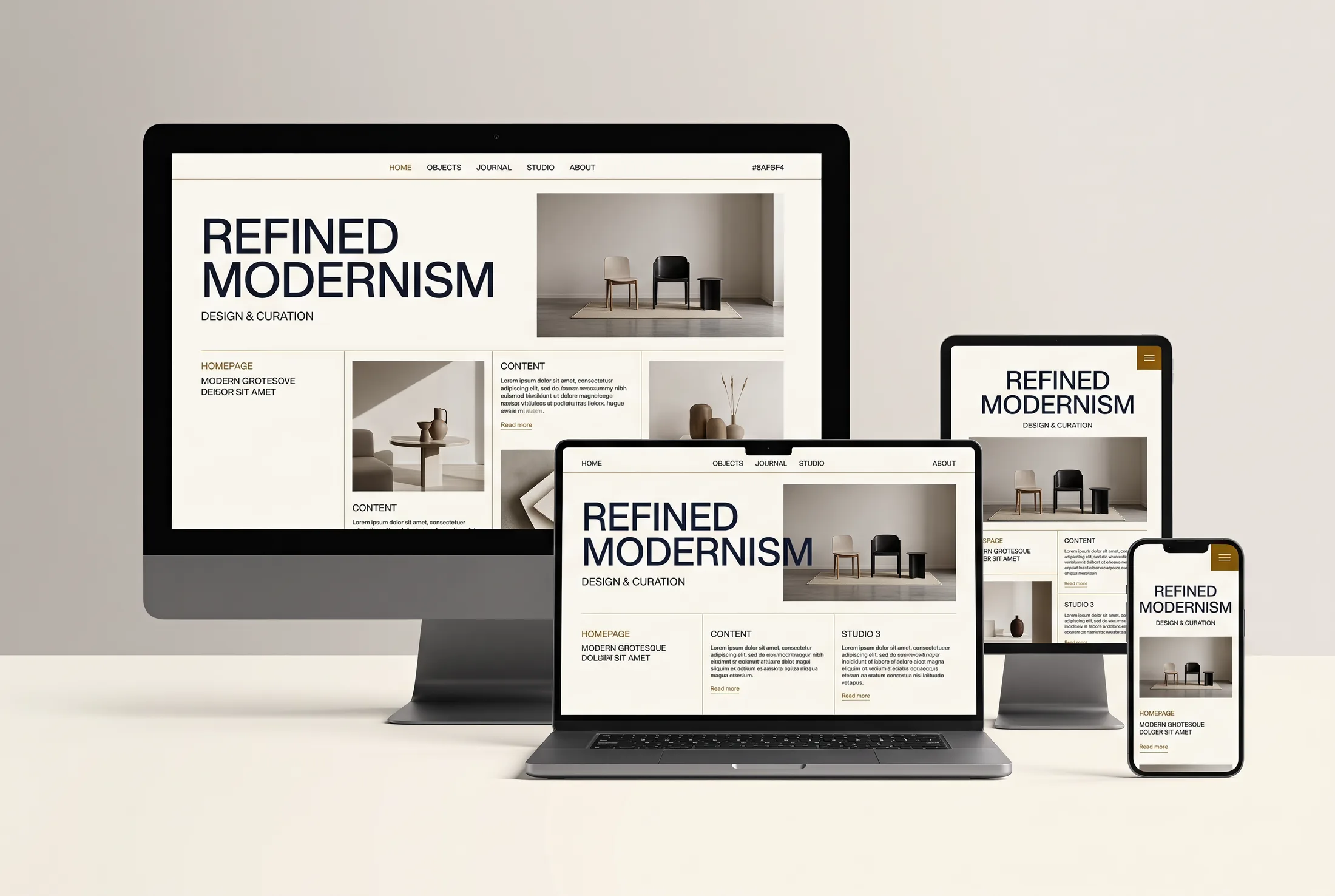 Le même site affiché sur ordinateur, portable, tablette et téléphone.
